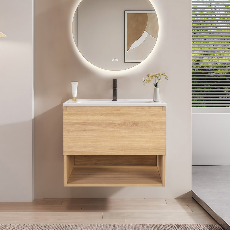 Modern  24 ″& 30 ″ Wall-Mounted Single-Basin Vanity Sets, Featuring Countertop Sinks And Soft-Close Drawers With Open Storage