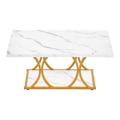 Coffee Table, Modern Faux Marble Coffee Table, Large 2-Tier Rectangle Center Desk With Geometric Legs, Minimalist Sturdy Metal Frame Accent End Desk F