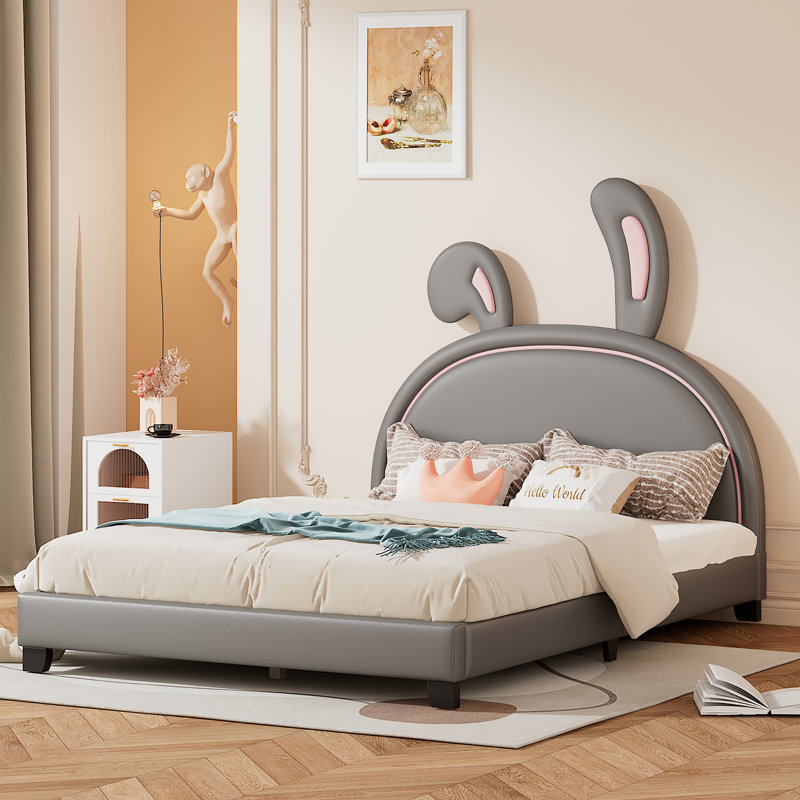 Lit plateforme tapissier en cuir avec ornement en forme de lapin, Pink, Lit simple