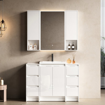 Meuble-lavabo autoportant de 48 po avec lavabo en résine, deux sections de rangement, armoires murales, fermeture en douceur, contreplaqué blanc brillant pour une conception améliorée