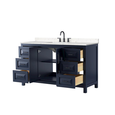 Meuble-lavabo simple 60 po Daria en bleu foncé, comptoir en marbre de culture de Carrare, lavabo carré encastré (3 trous), garniture noir mat