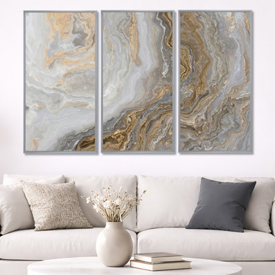 White Marble With Curley Grey And Gold Veins - Glam Framed Canvas Wall Art Set Of 3