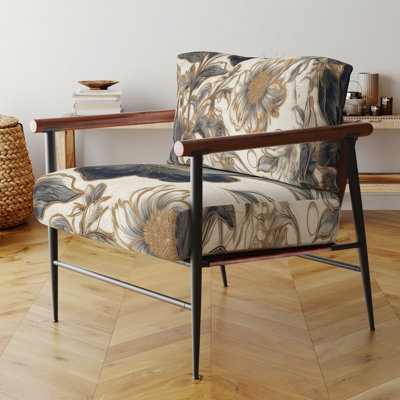 Blue Gold Peony Symphony I - Chaise rembourrée avec accoudoirs traditionnels et pivoines