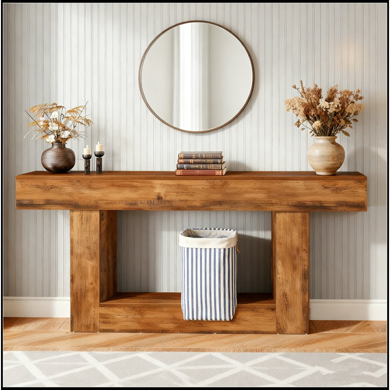 Console de 63 po, table d'entrée à 2 niveaux Farmhouse avec base en forme de U, canapé long en bois étroit derrière le canapé pour le salon