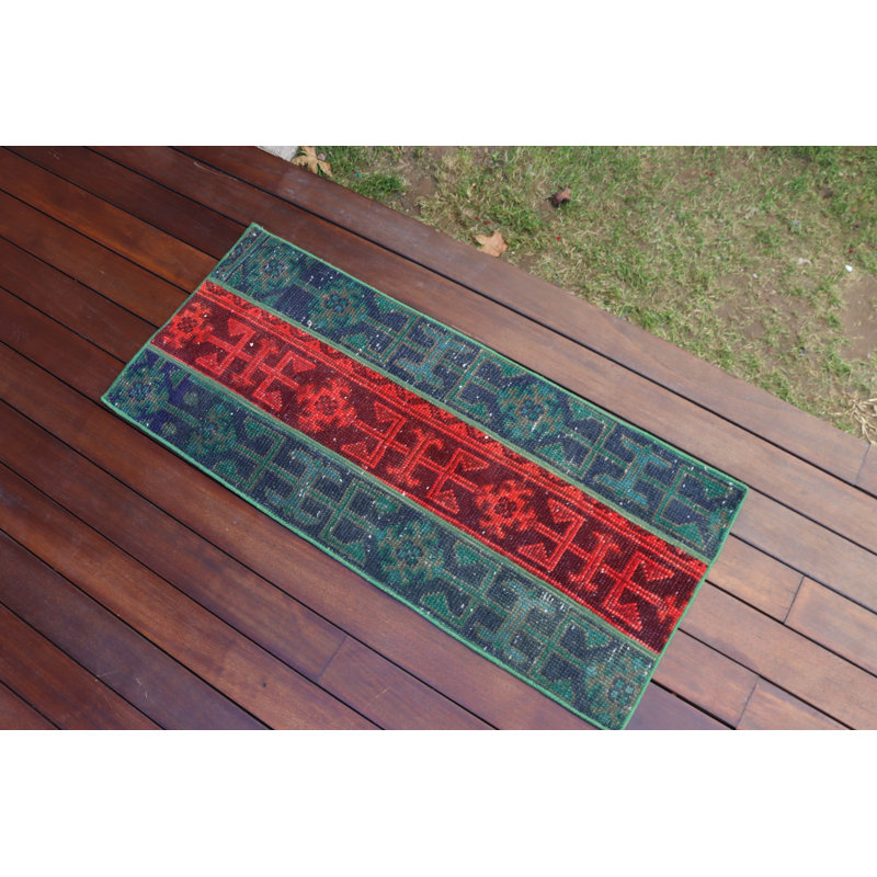 Unique Handwoven Turkish Kilim Runner Featuring Bohemian Green And Red Patterned Mat For Small Area Settings