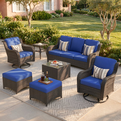 Ensemble de conversation pour 5 personnes, canapé de patio en osier et fauteuil pivotant avec coussins