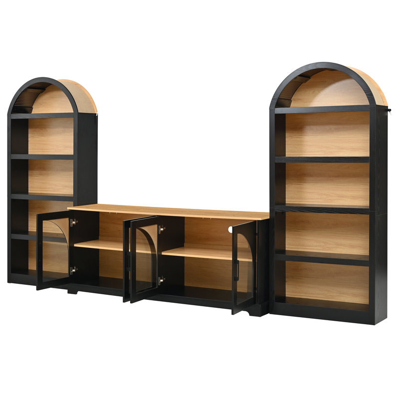 Meuble télé avec bibliothèque pour téléviseur de 70 po ou moins, meuble audio-vidéo avec design arqué, buffet de ferme noir