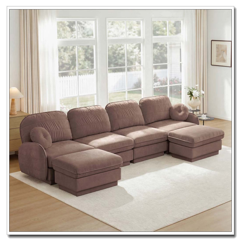 Canapé en chenille Cloud, siège profond avec repose-pieds mobile, Poussière de rose + 4 sièges + 2 chaises