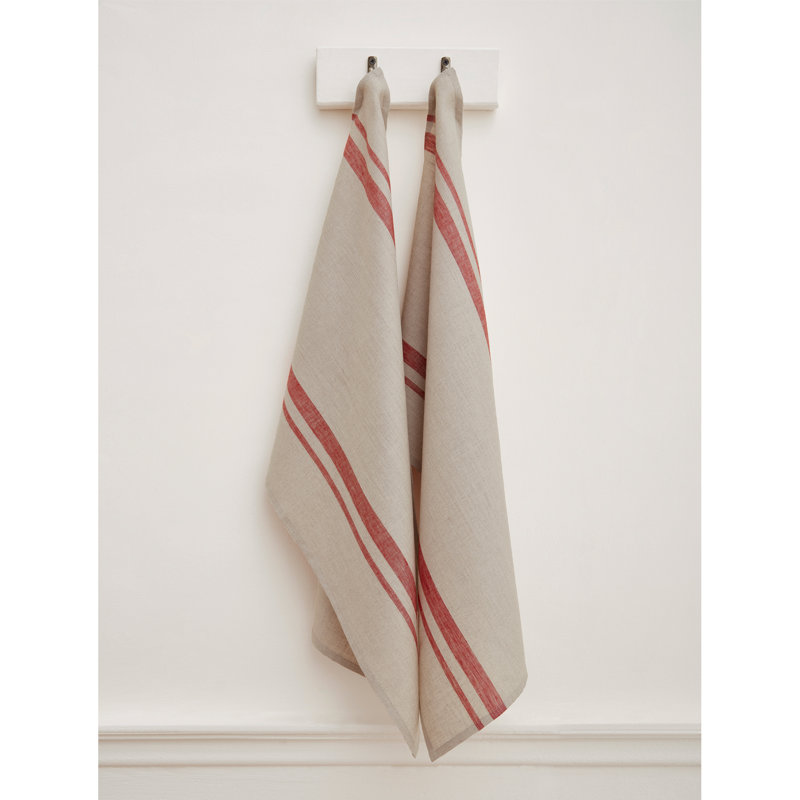 French Stripe - 100% Pure Linen Kitchen Towel, Red and Natural