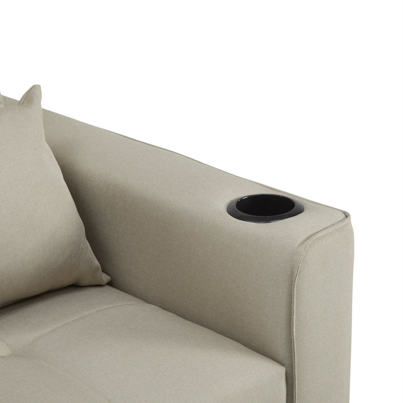 Fabric 2 Seater Sofa Bed with Cup Holders, Pull Out Sleeper Sofa, Beige