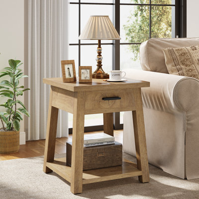 Side Table with Drawer, 2 -Tier Wooden End Table with Shelf Storage