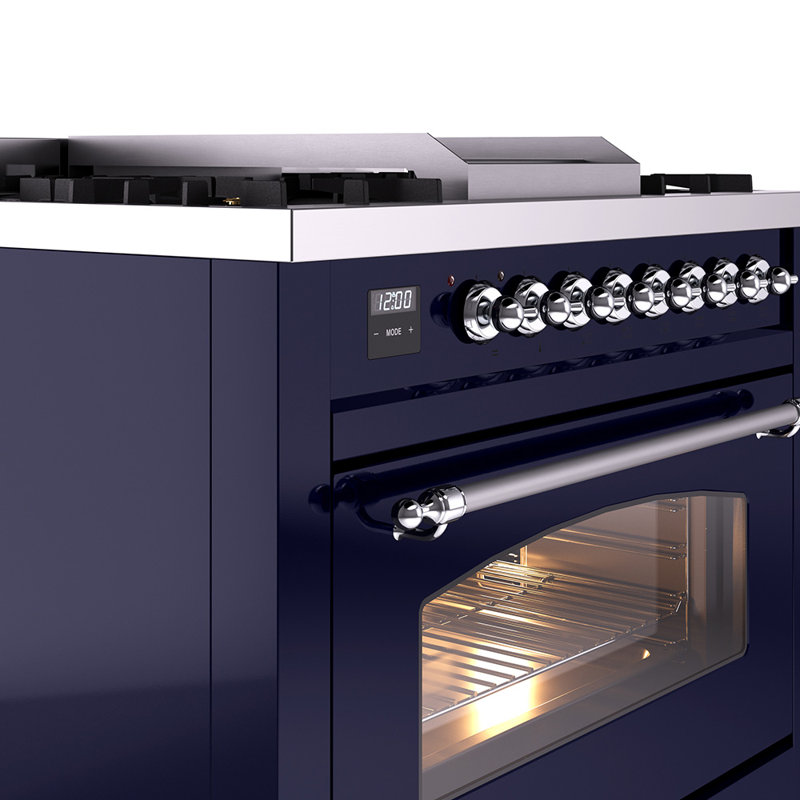 ILVE Nostalgie II Series 36 inch Dual Fuel Range with 6 Burners, Griddle (Glass Door), Midnight Blue/Chrome, Natural Gas