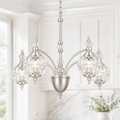 Lustre 5 lumières rétro en nickel brossé, luminaire de salle à manger à hauteur réglable avec abat-jour en verre soufflé fabriqué à la main, base G9 pour vestibule de cuisine