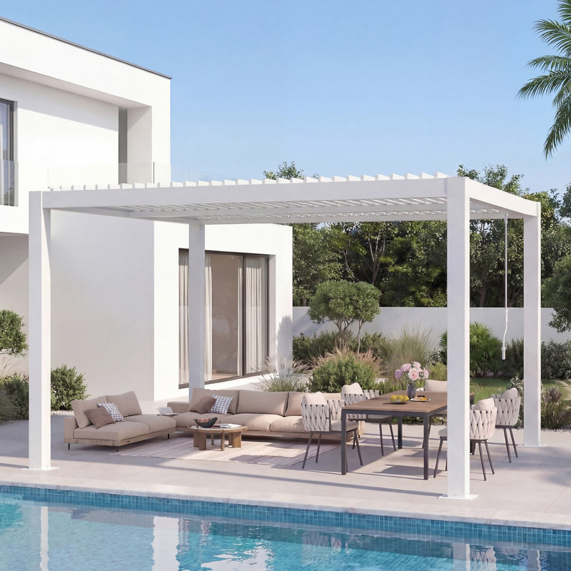 Outdoor Pergola With Adjustable Louvered Roof & Integrated Drainage, Heavy-Duty Metal Louvered Pergola For Patios, Without Curtains & Netting