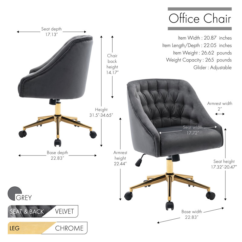 Chaise de travail en velours Batrice, Gris