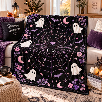 Purple Spider Web Flannel Throw Blanket, Black Cute Spider Moon and Floral Print Lightweight Couch Blanket for Sofa Bed, Dorm Chair and Cozy Evenings, 30 x 40 in
