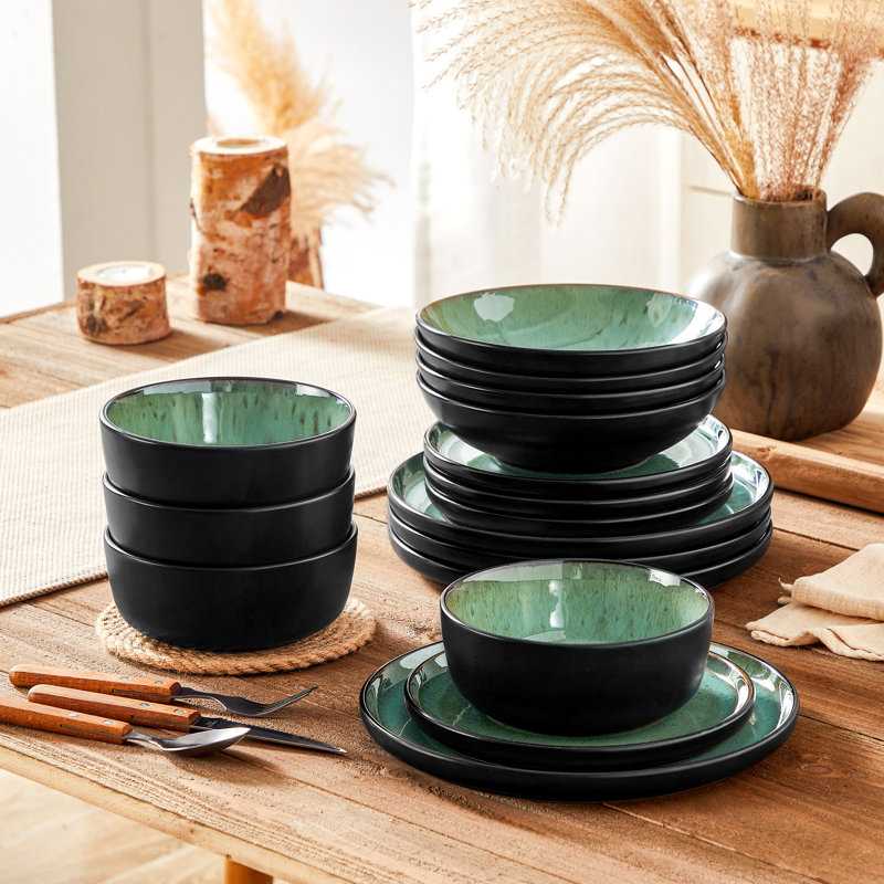 Service de table en grès 16 pièces Amber, service pour 4, Vert