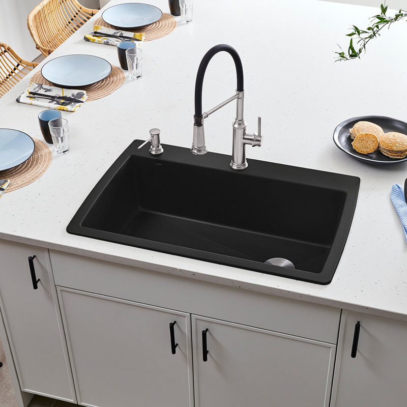 Diamond SILGRANIT 33.5" L x 22" W Super Single Drop-in/Undermount Kitchen Sink, Coal Black, 1 hole