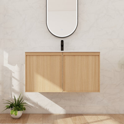 36'' Wall Mounted Single Bathroom Vanity with Ceramic Basin Sink Top, Floating Vanity with 2 Doors