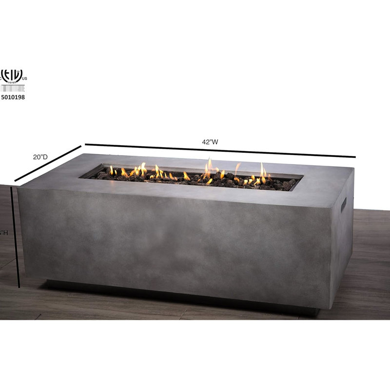 Table de foyer d'extérieur au propane et au gaz naturel en béton pour les espaces extérieurs, approche de style moderne, largeur de 42 po, profondeur de 20 po, hauteur de 15 po, 74 lb, avec poignées, bouton-poussoir et bouton simples sur le panneau de commande,