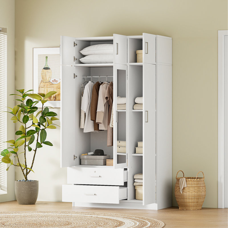 Stylish 3-Door Wardrobe With Mirror, Drawers And Cabinet For Bedroom Storage And Organization., White
