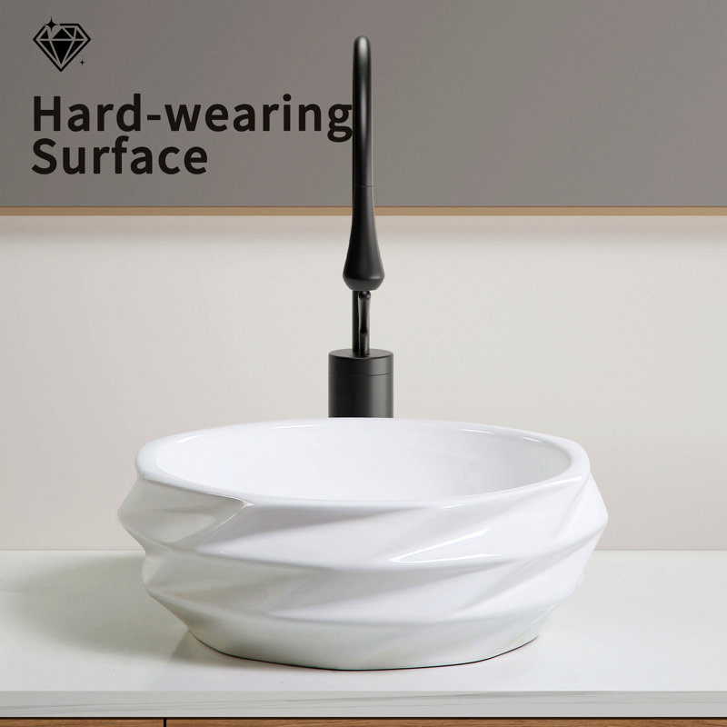 Lavabo vasque rond en céramique matelassée à motif de losanges - Lavabo de salle de bain texturé 15,75 po x 5,9 po, sans trou de robinet, blanc brillant sans bonde, compact pour salle d'eau et téléviseur