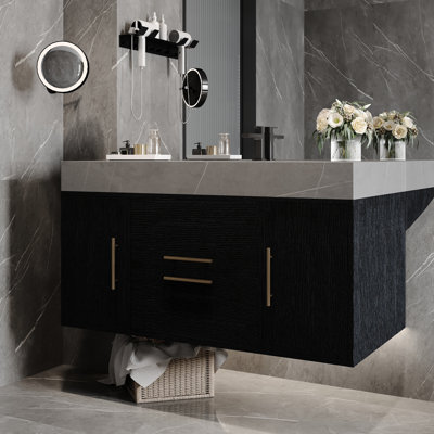 Meuble-lavabo suspendu contemporain de 100 cm (39,4 pouces) avec plateau en imitation marbre, 2 tiroirs en bois massif, armoires, lavabo en céramique avec trop-plein, poignées en métal, système de trop-plein à plusieurs niveaux, noir