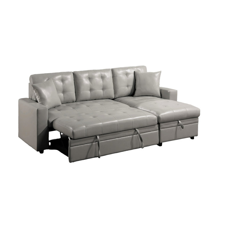 Canapé modulaire gris en similicuir avec lit escamotable et rangement pour chaise longue