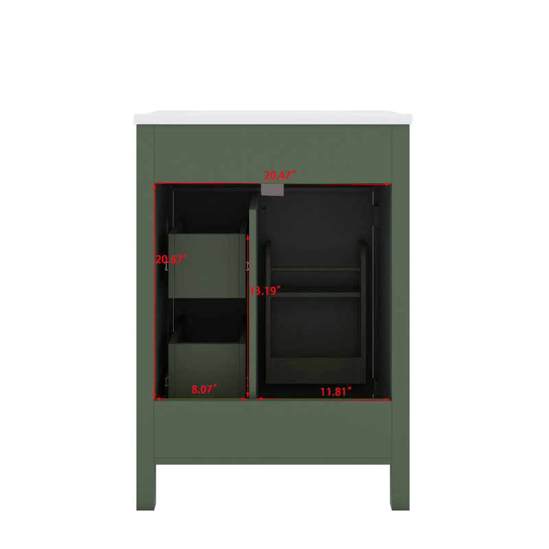 Meuble-lavabo de 24 po avec lavabo en céramique, 1 porte à fermeture douce, 2 tiroirs à fermeture douce, Vert