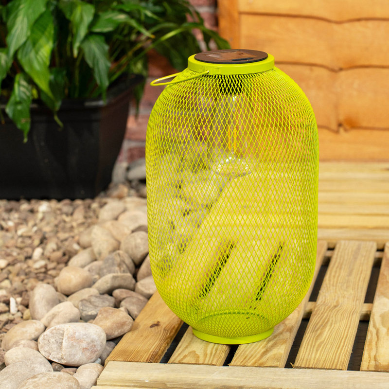 Metal Mesh Basket Solar Powered Outdoor Garden Lantern Light, Light Green