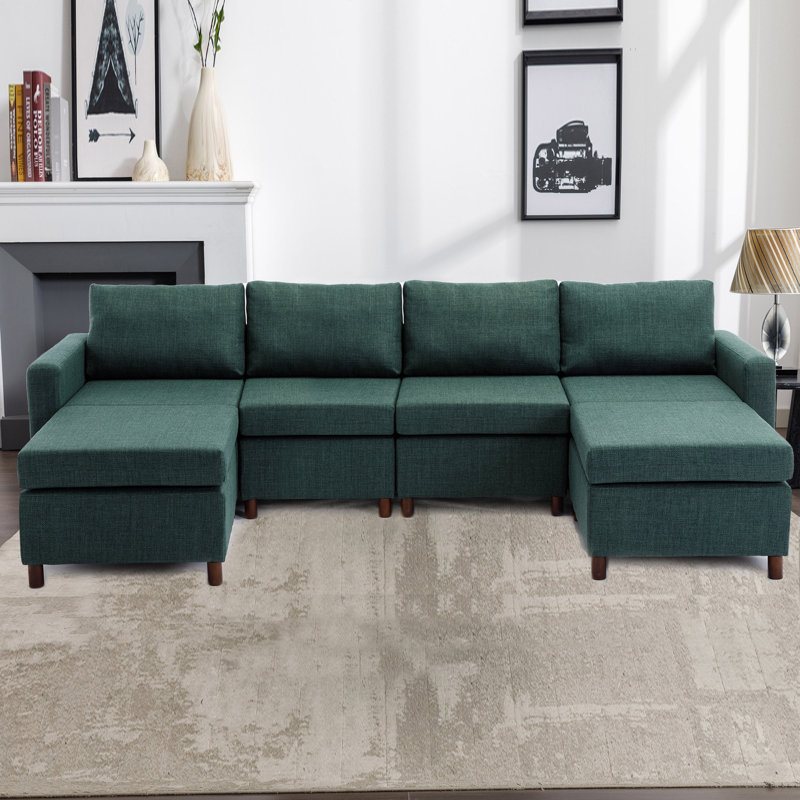 Canapé modulaire à méridienne rembourrée Gerta, 100 % lin vert