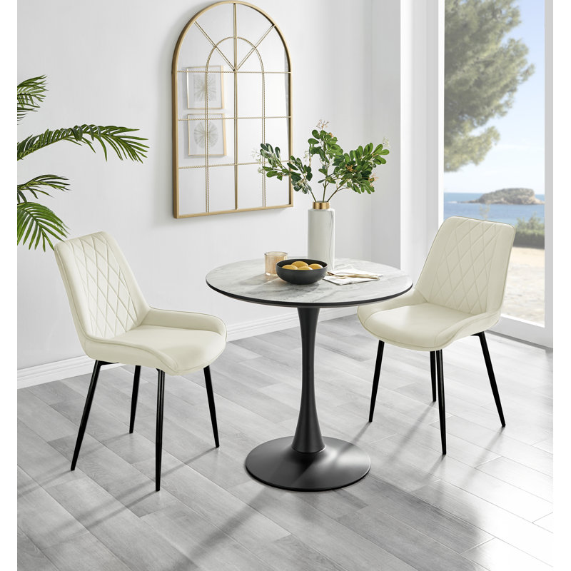 Ellis White Marble Effect Melamine Round Dining Table Set with 2 Luxury Velvet Dining Chairs, Cream/Black