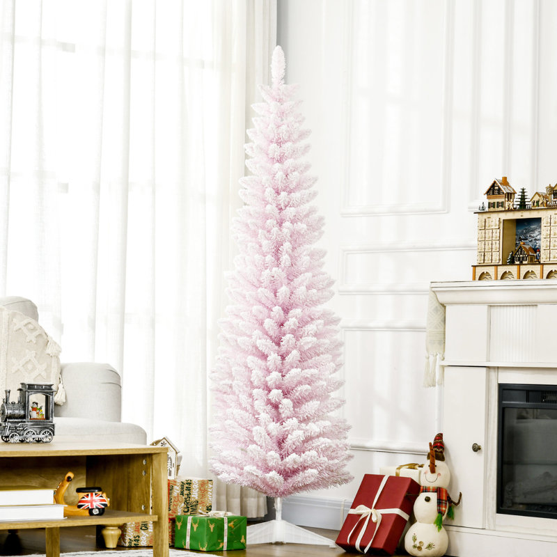 Arbre rose enneigé 6 pi avec base en plastique inaltérable pour arbre de Noël artificiel d'intérieur en rose