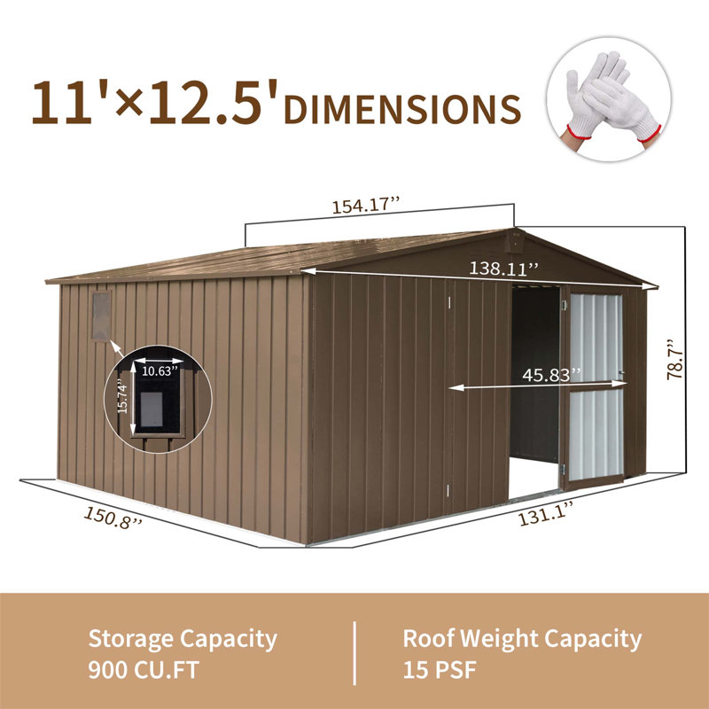 Backyard Storage Shed 11' X 12.5' With Galvanized Steel Frame & Windows, Outdoor Garden Shed Metal Utility Tool Storage Room With Lockable Door For Patio