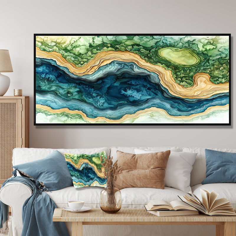 Abstrait parcours de golf «Horizon II», art mural encadré, H 28 po x l 60 po, Cadre flottant, Noir