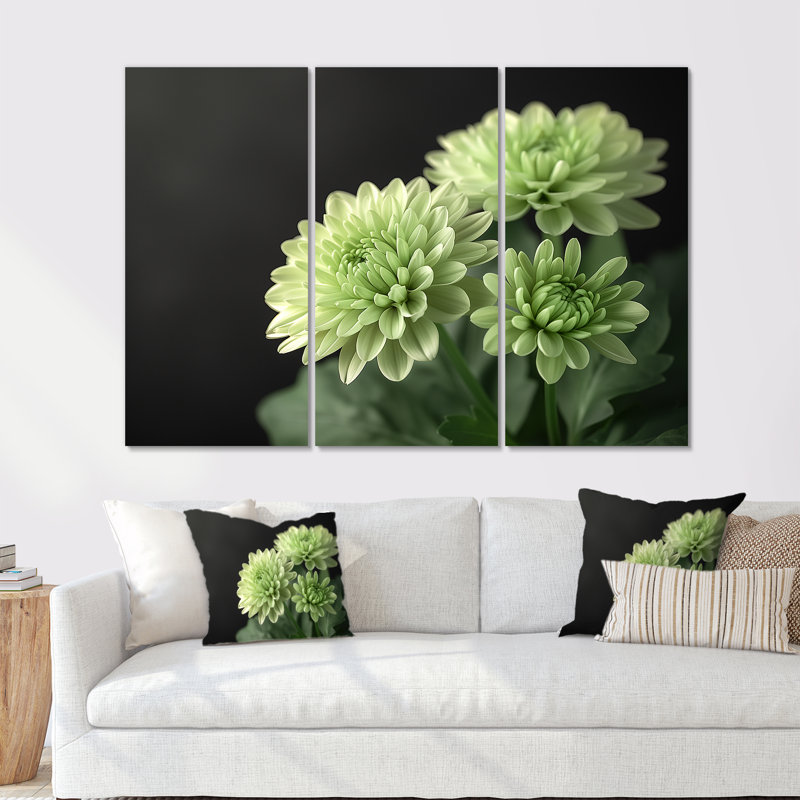 «Green Monochrom Mums Flowers Bouquet II», ensemble de reproductions d'art mural, H 40 po x l 60 po x P 1 po