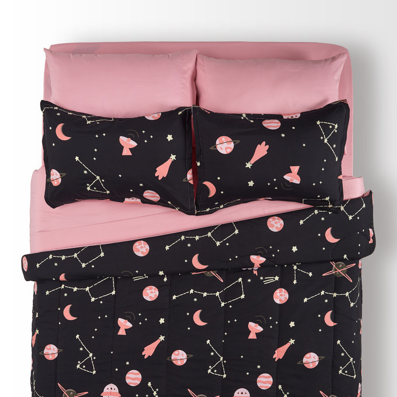 Pink and Black Twin Galaxy Microfiber Kids Bedding Set