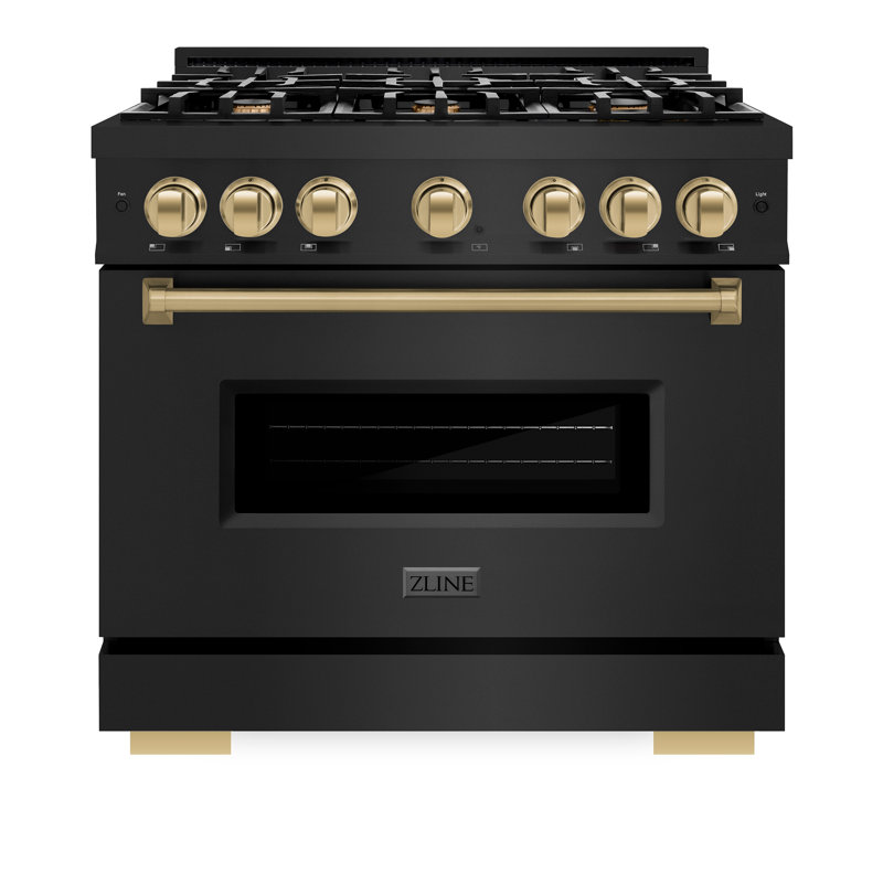 ZLINE 36" Classic Dual Fuel Black Stainless Convection Oven Range w/ 6 Brass Burners, Champagne Bronze