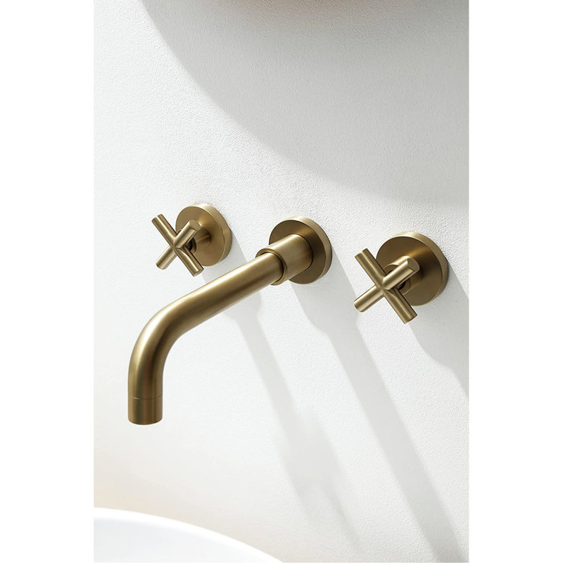Brushed Gold Wall Faucet - Solid Brass, Functional And Elegant, 2 Handles Mounted Bathroom Tap In To Chemicals,, Brushed Gold