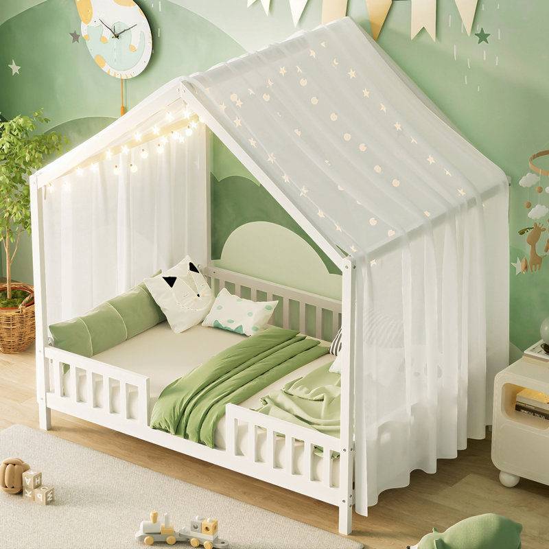 Lit de sol avec baldaquin Montessori, structure de lit en forme de maison avec rampes hautes, lit pour enfant en bois avec toit