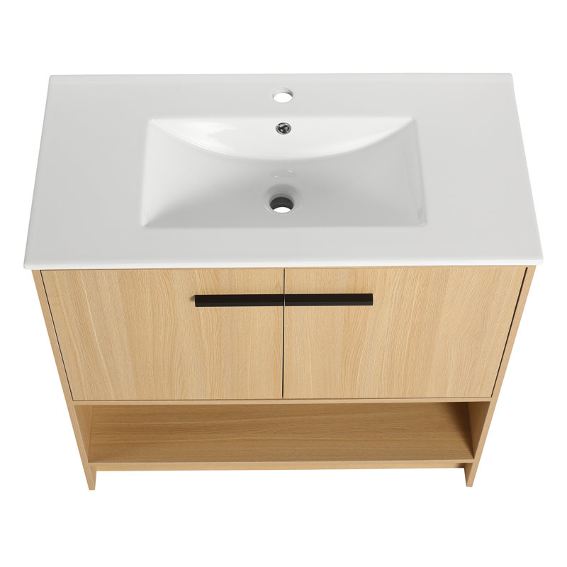 Meuble-lavabo pour salle de bain avec lavabo en céramique, meuble-lavabo autoportant avec 2 portes à fermeture douce, meuble-lavabo pour la maison