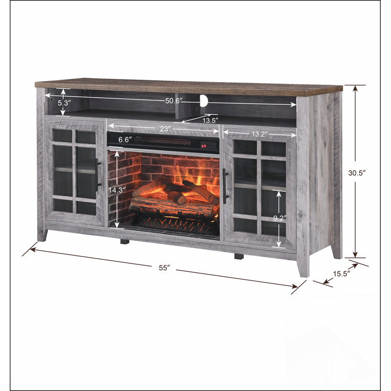 55 inch TV Media Stand with Electric Fireplace KD Inserts Heater, Gray Wash