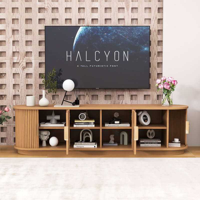 Modern Wood TV Stand with Fluted Tambour Sliding Doors and Adjustable Shelves for TVs up to 75", Natural