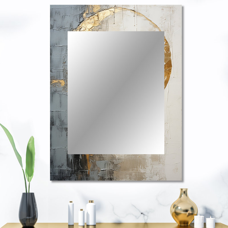 Minimalism Grey Gold Moon Poteries - Abstract Spirals Mirror, Gray Unique Wall Mirror, Printed Metal Art, 40" x 30"