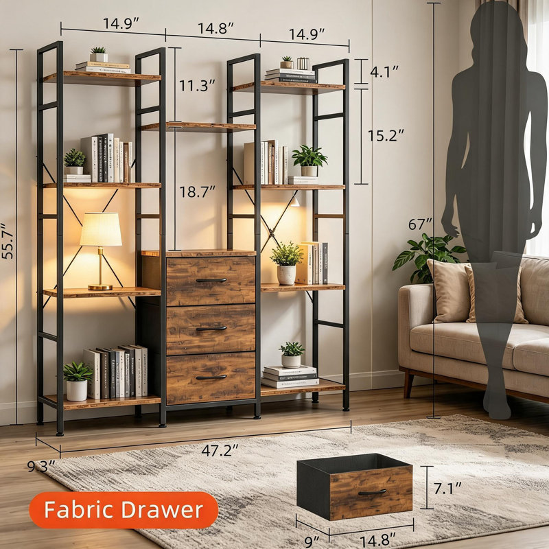Étagère à 4 niveaux avec 10 tablettes ouvertes et 3 tiroirs en tissu – Meuble de rangement étroit avec structure en acier, brun
