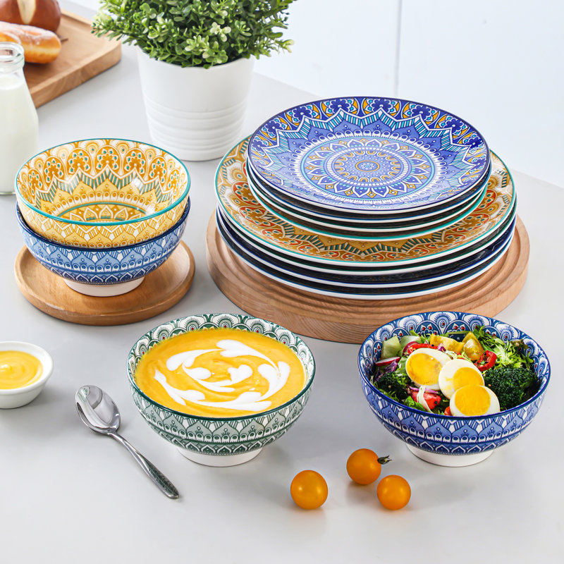 12 Pieces Stoneware Dinnerware, Painted In Bohemain Style, Mix Color Set, Dinner Plate, Dessert Plate And Bowl Set For 4 Person