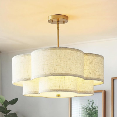 Lustre de 45 cm (18 po), suspension dorée à 3 lumières avec abat-jour double couche en lin en forme de trèfle, lustre à double tambour pour salle à manger, cuisine, salon ou chambre.