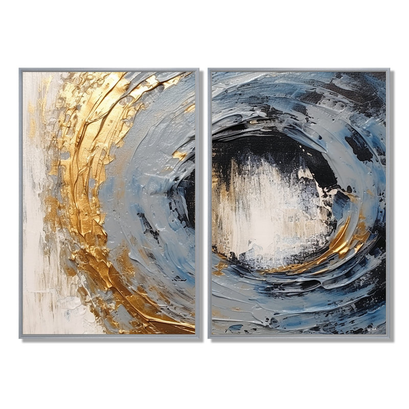 Spirales vibrantes dorées et bleues I - art mural moderne, H 36 po x l 48 po, Impression encadrée flottante, Argent argent