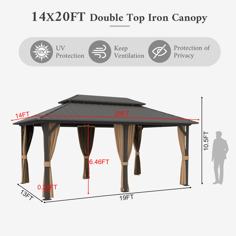 14 x 20ft Aluminum Hardtop Gazebo with Galvanized Steel Roof, Curtains & Mosquito Netting for Patio, Garden & Backyard