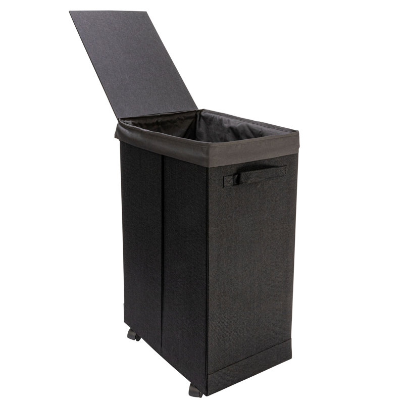 Black Collapsible Polylinen Laundry Hamper with Wheels and Lid